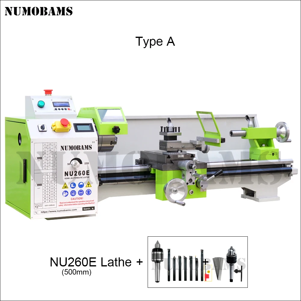 Numobams NU260E Horizontal Lathe Machine Electronic Control 500mm Distance Center 220V High Safety Level Medium Duty Metal