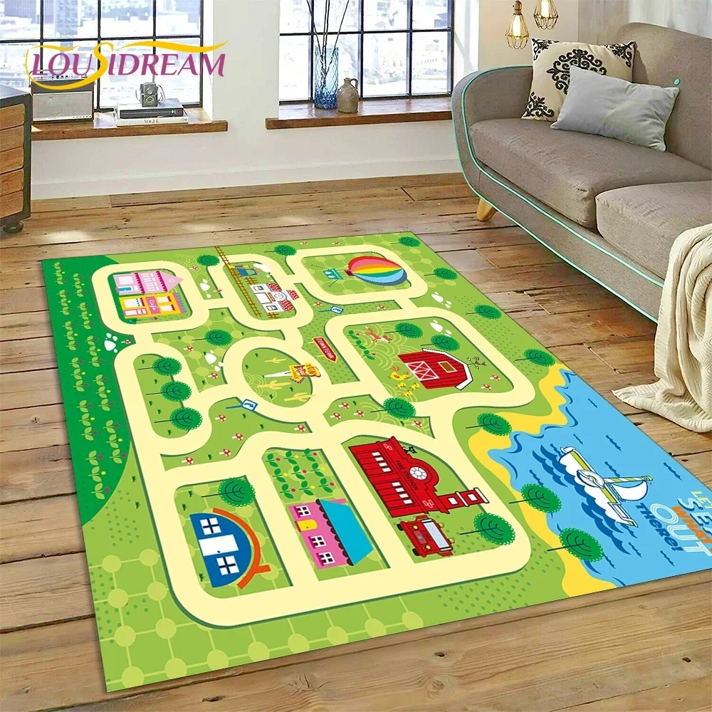 Highway Runway City Traffic Road Map Playmat–Non-Slip Kids Carpet Rug for Bedroom & Living Room | Sofa Floor Decor, Playroom Mat