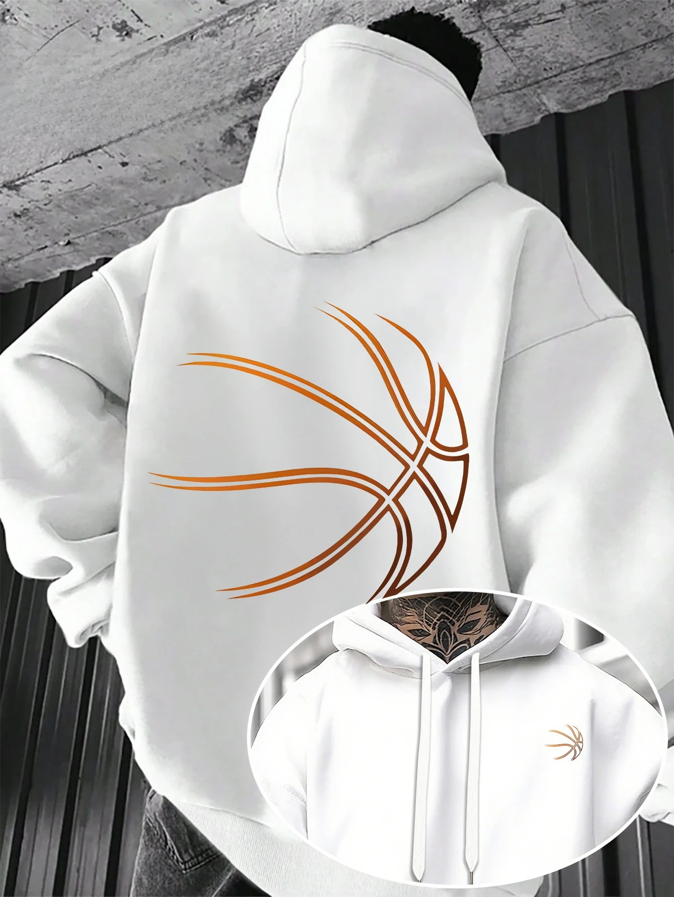 Men Sport Hip Hop Hoodie, Minimal Outline Basketball Graphic Streetwear, Russian Size Fleece Pullover Sweatshirt for Men