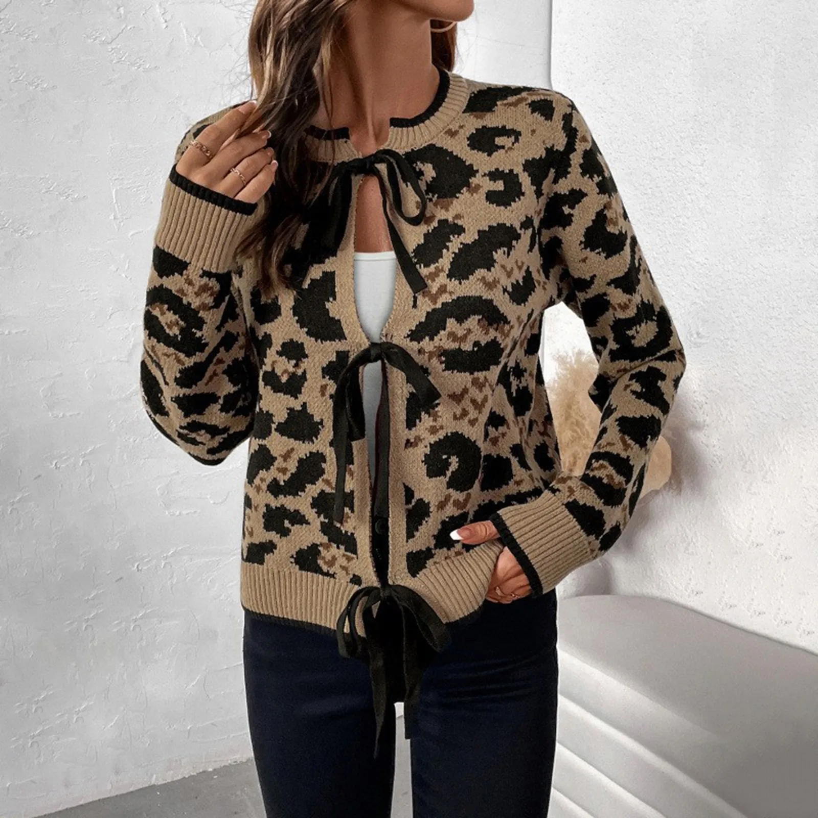 Leopard Print Bow Tie Front Knit Sweaters Cardigan Crew Neck Long Sleeve Sweater Jacket Women Loose Casual Comfy Sweater