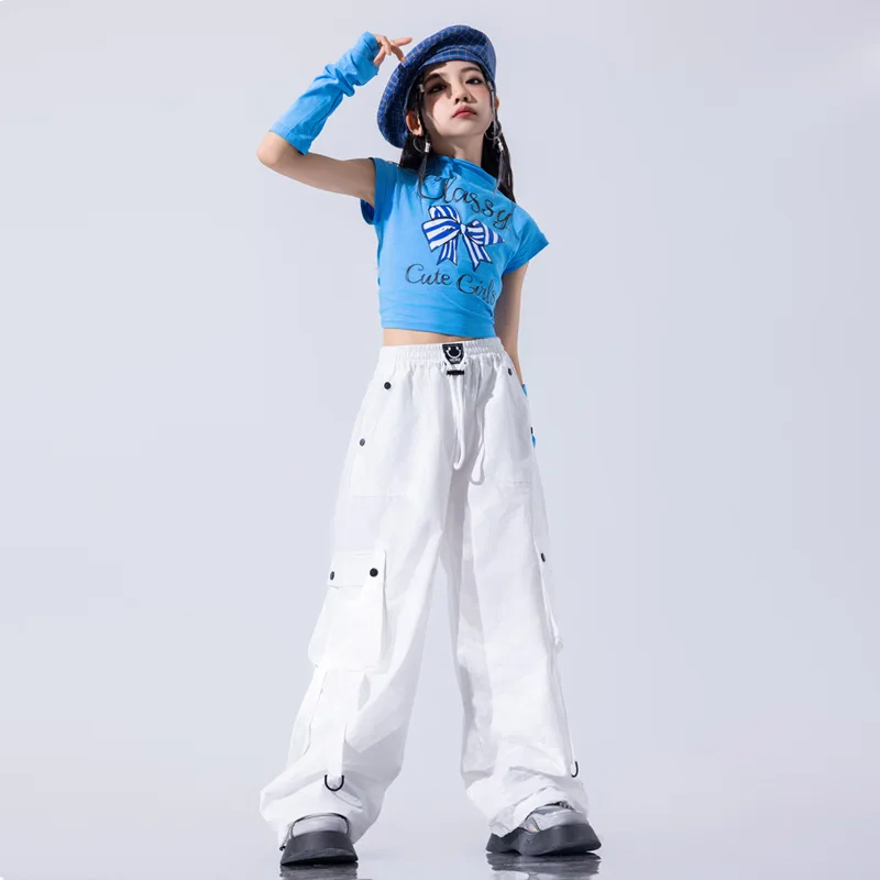 Kid Cute Hip Hop Clothing Blue Knitted Crop Tank Top Casual Gradient Distressed Jeans Pants for Girls Jazz Dance Costume Clothes