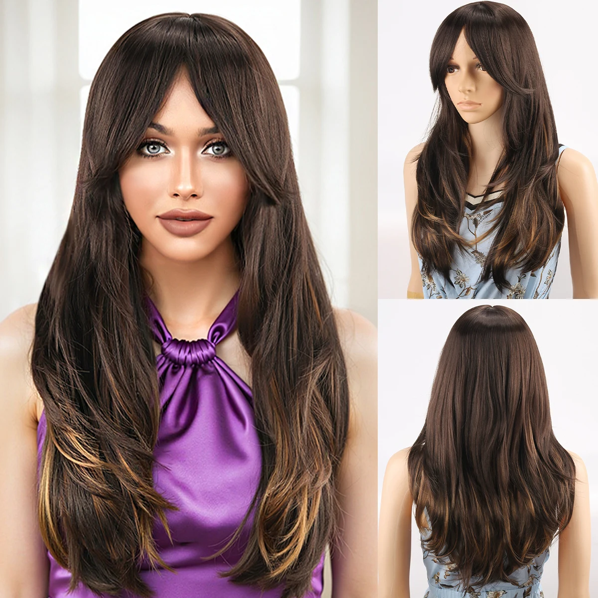 

Парик женский, длинные вьющиеся волосы, большие волны, пробор по центру, полный головной убор Парик из синтетического волокна