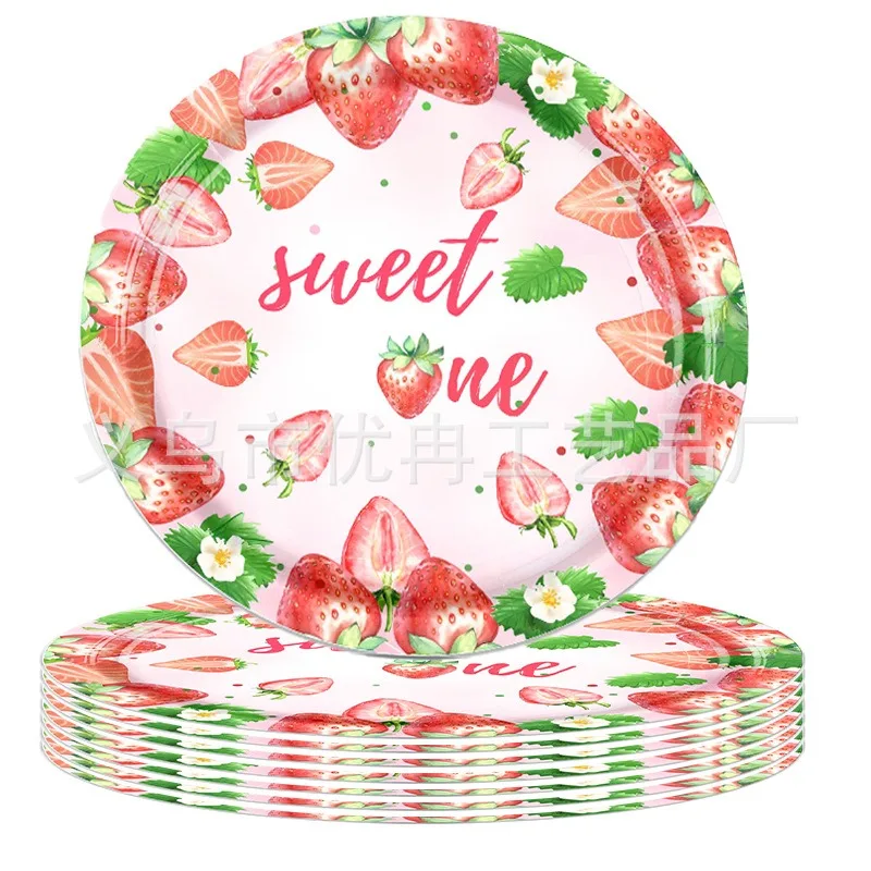 8Guests Pink Fruit Strawberry Disposable Tableware Sweet One Plate Napkin Tablecover Strawberry Theme Baby Girl One 1st Birthday