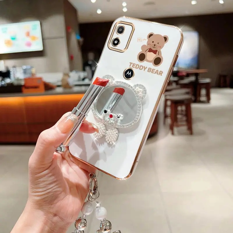 E 13 القوس الدب مرآة اللؤلؤ حزام سوار جراب هاتف على موتورولا موتو E6S E7 زائد Pwer 2021 E13 E20 E22 E32 الوقوف الغطاء الخلفي #3