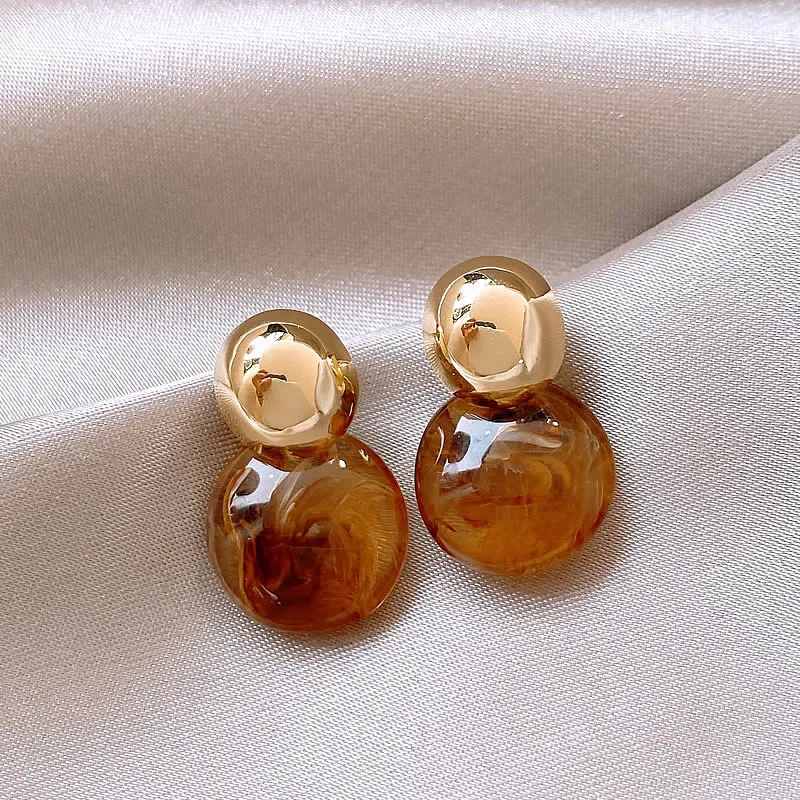 Round Coffee Color Resine Earrings Imitation Tiger-eye Stone Vintage Luxury Trendy Earring for Autumn and Winter Jewelry Women