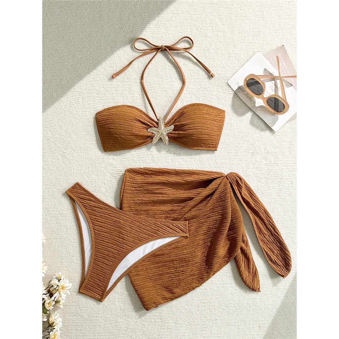 3-teiliges Set mit Sarong, Metallstern-Halterneck-Bikini, Damen-Badeanzug, Damen-Badebekleidung, dreiteiliges Bikini-Set, Badeanzug, Badebekleidung, Schwimmbekleidung V7042 – Detail 21
