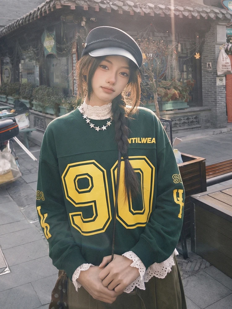 

American Sle round Ne Sweatirt Women's Early Spring Loose Slim Rugby Sport Sle Couple Trendy Brand Top