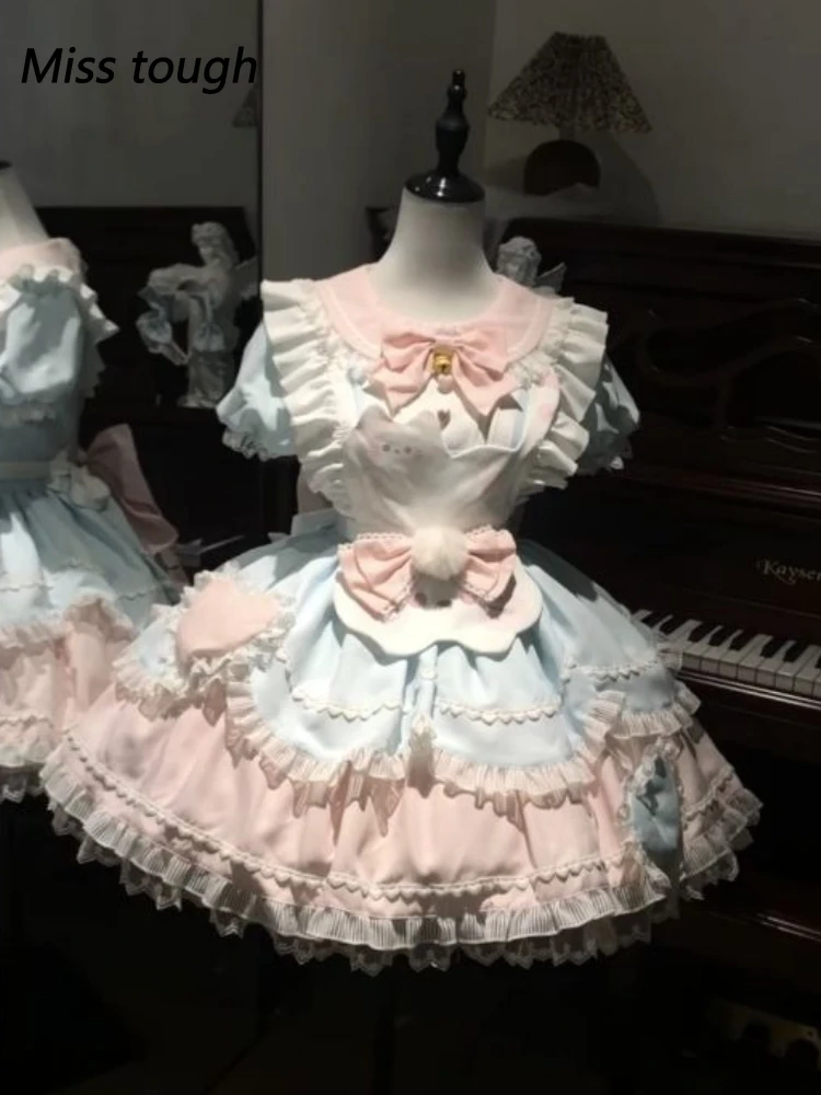 

Kawaii Lolita Skirt Set Women Pink Blue Ruffle Bow Apron Dress Sweet Girl Puff Sleeve Harajuku Cosplay Maid Uniform Cute Outfit