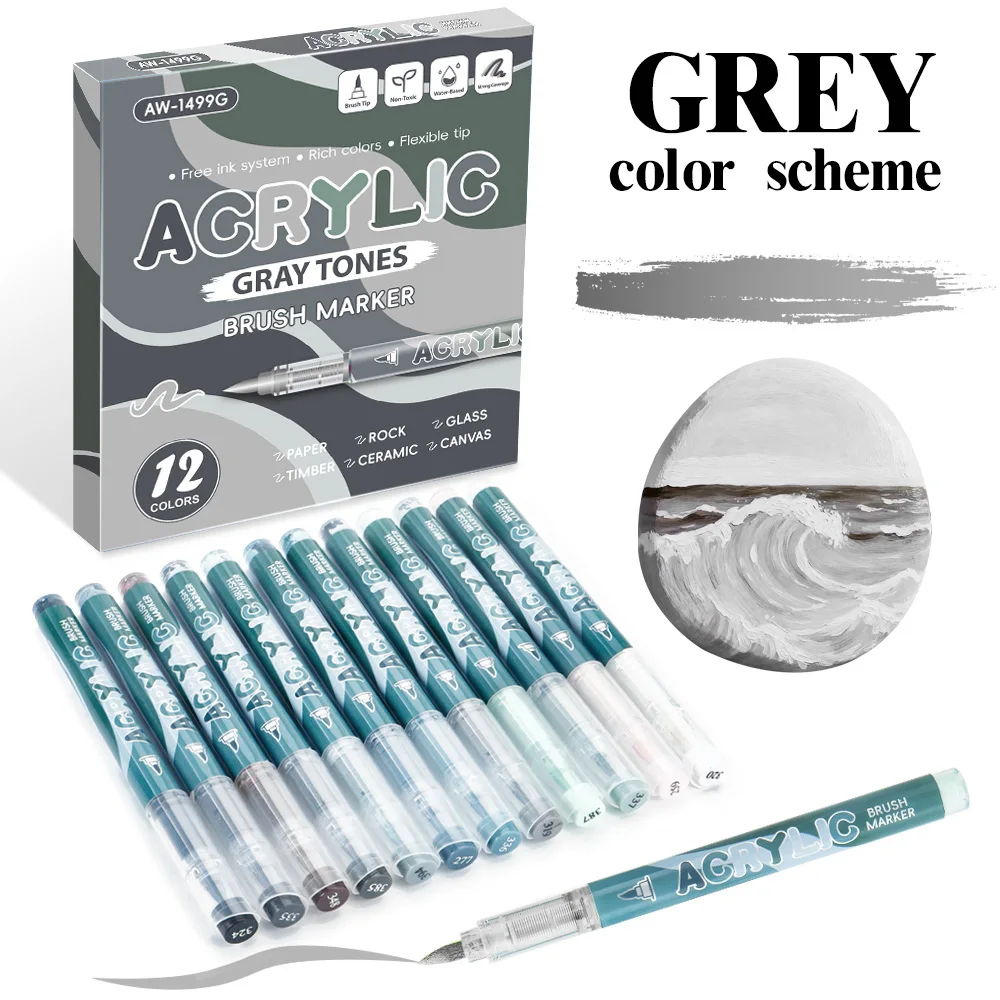 

12 Colors Acrylic Markers Gray Series Quick Drying For Comic Animation Drawing Coloring Christmas Painting DIY CD Art Supplies