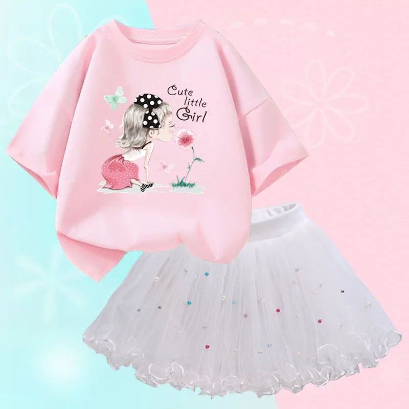 Vestiti estivi per ragazze di moda maglietta carina coreana e gonna Tutu in rete completi a due pezzi Set 3-14 anni abbigliamento da festa per