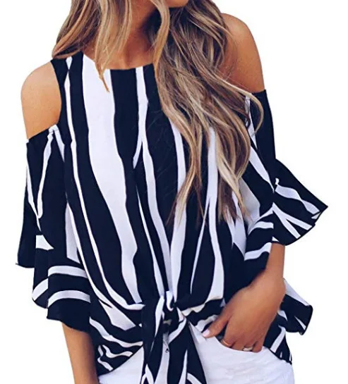 

A new autumn women's round-neck off-the-shoulder flared three-quarter sleeve vertical striped casual top