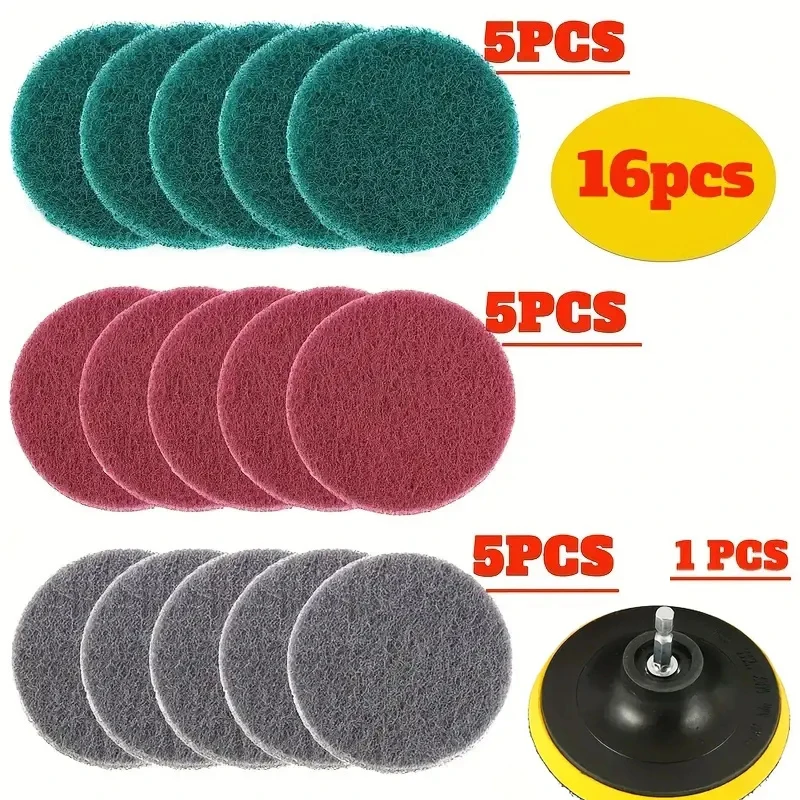 16Pcs 4 Inch Drill Power Brush Tile Scrubber Scouring Pad Cleaning Kit with 4 Inch Disc Pad Holder 3 Different Stiffness