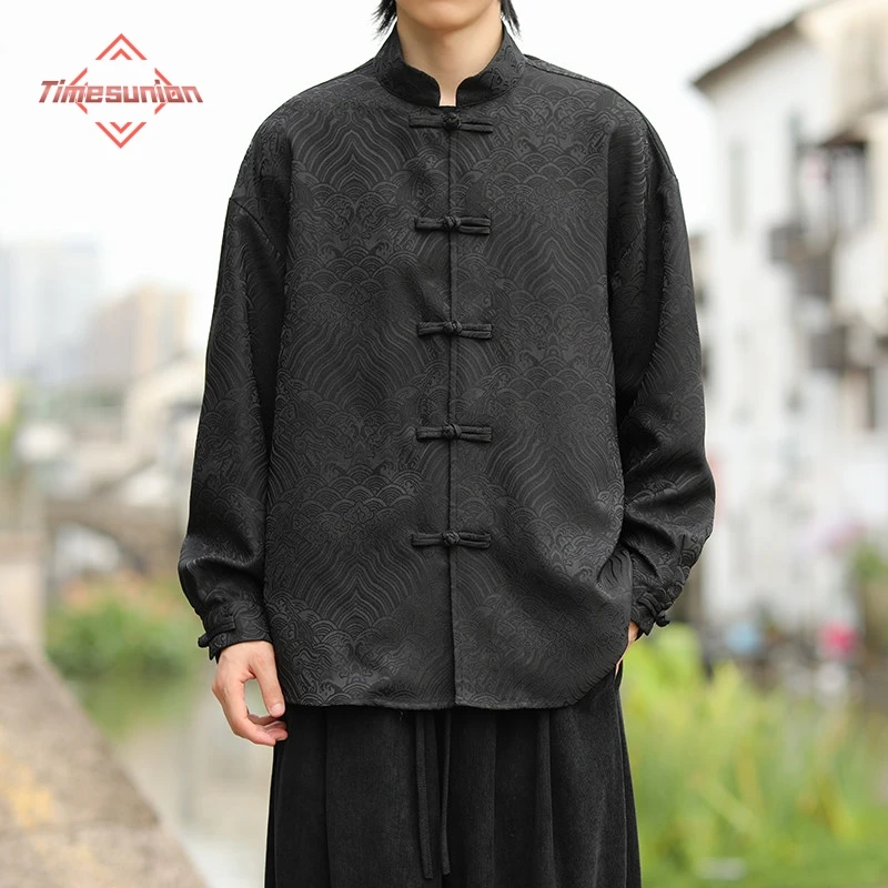 

2026 Spring Long Sleeve Shirt Man Chinese Style Disc Buckle Shirts Male Loose Tang Suit Shirt Summer Lucky Pattern Tops