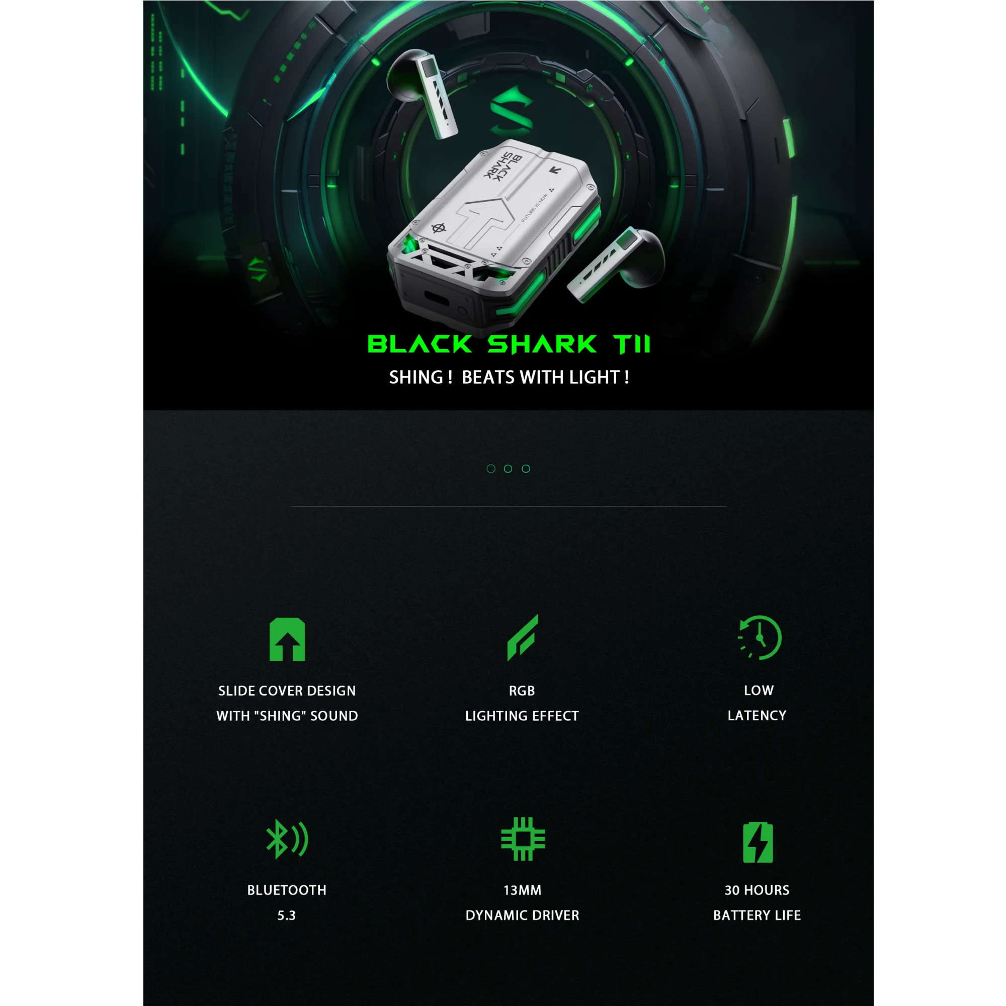 Black Shark T11 TWS Wireless Earbuds with Active Noise Cancellation, Bluetooth 5.3, 30 Hour Battery Life, RGB Light, Low Latency