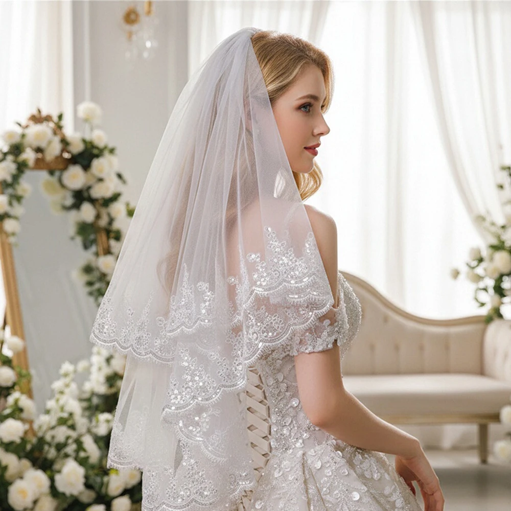 Short Double-Layer Lace Bridal Veil with Hair Comb for Weddings and Bachelorette Parties White Veil Embroidered Trim Headpiece