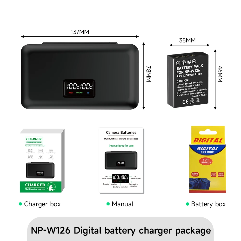 PALO NPW126 NP-W126 NP W126S Camera Battery+Storage Box LCD Dual  Charger for Fujifilm Fuji X-Pro1 XPro1 X PRO1 X-T1 XT1 HS30EXR