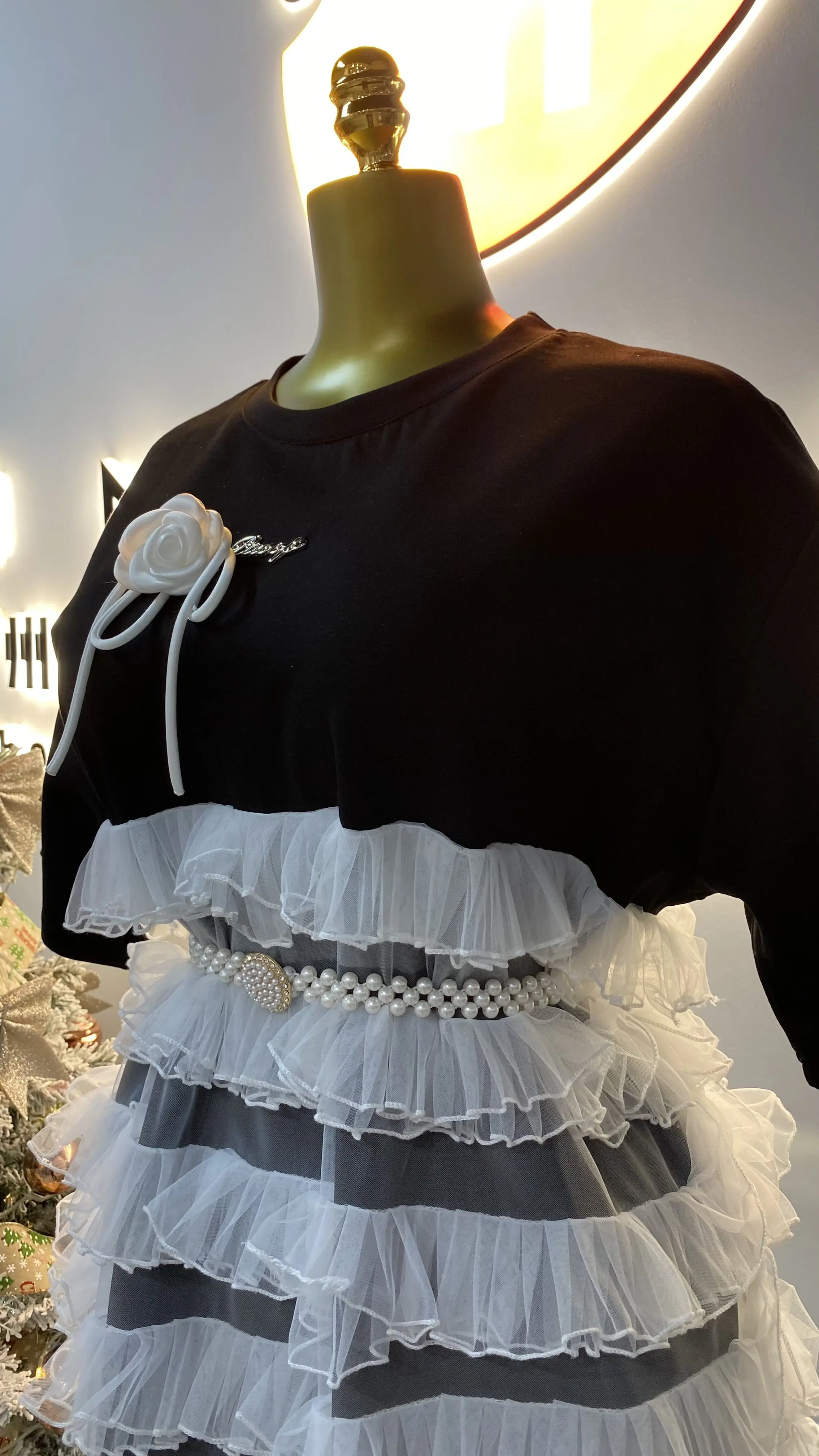 فستان تي شيرت شبكي مرقع أنيق مقاس كبير فستان فضفاض بفيونكة-GZMM394