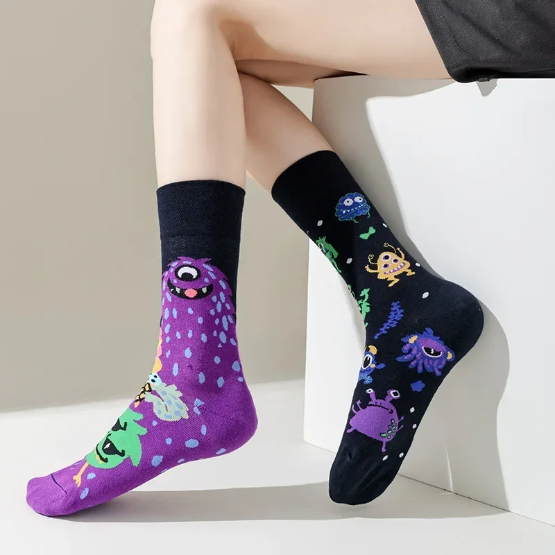 Autumn 1 Pair Women Socks Original AB Tide Medium High Tube Colorful Socks Animal Flower Cotton Unisex Socks