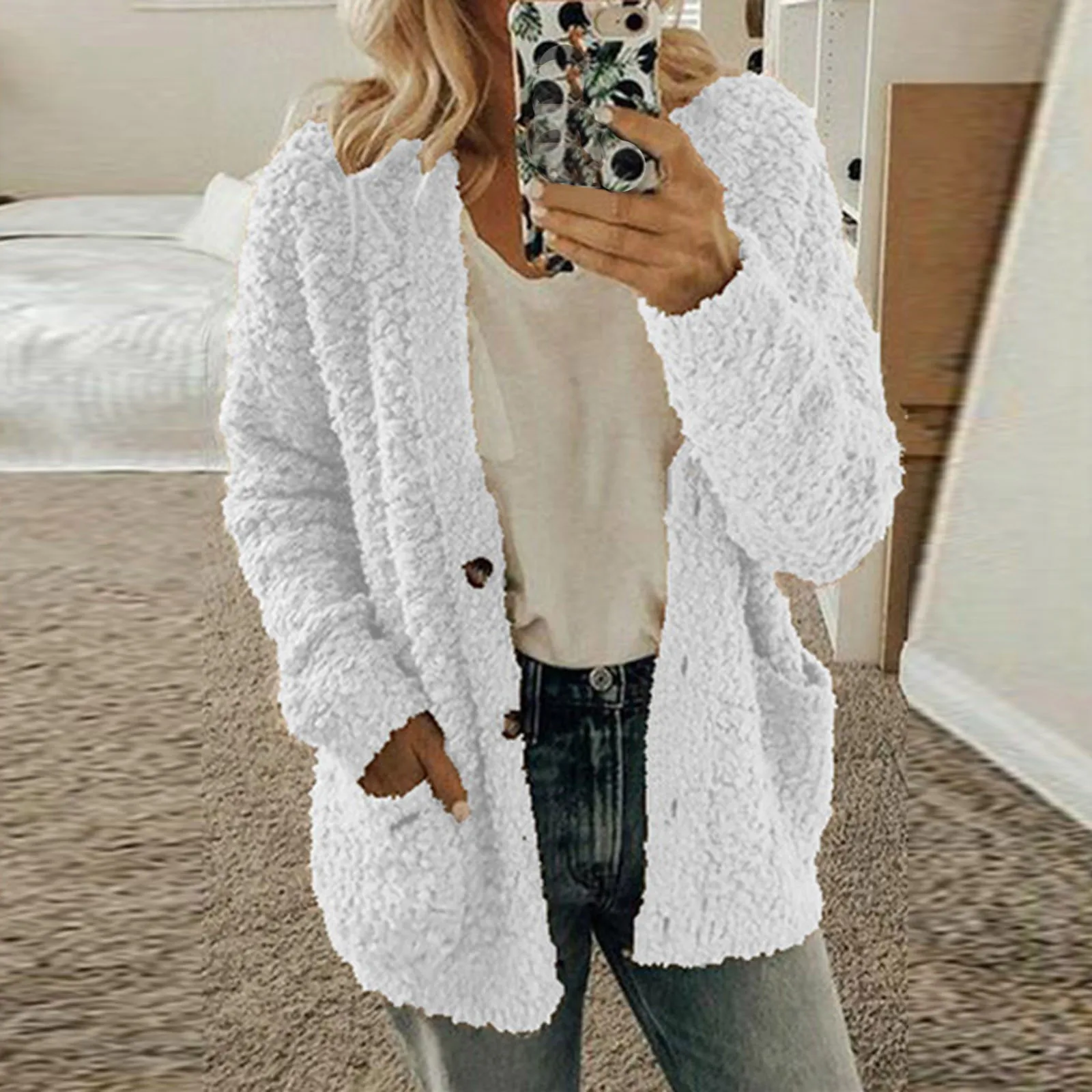 Women Casual Plus Size Plush Sweater Pockets Outerwear Buttons Cardigan Coat Abrigos Mujer Invierno Chamarras Para Mujer пальто