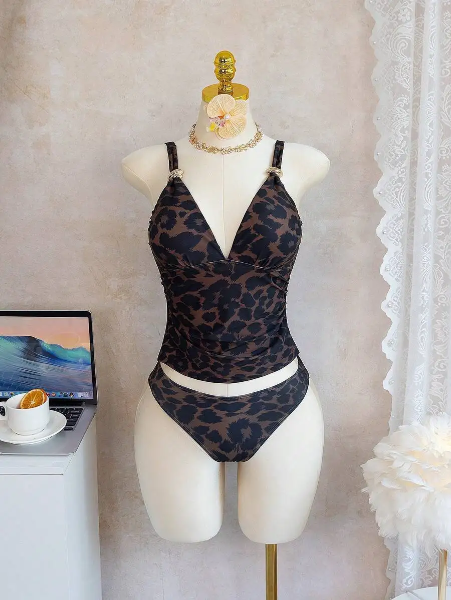 

Two Piece Leopard Print V-Neck Swimsuit With Adjustable Straps For Women Summer Beach Wear