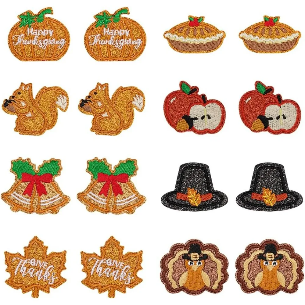 16 PCS Fall Thanksgiving Patches 1.5x1.7inch Food Squirrel Peacock Pumpkin Bell Apple Leaf Iron on Patches with Glitter Powder