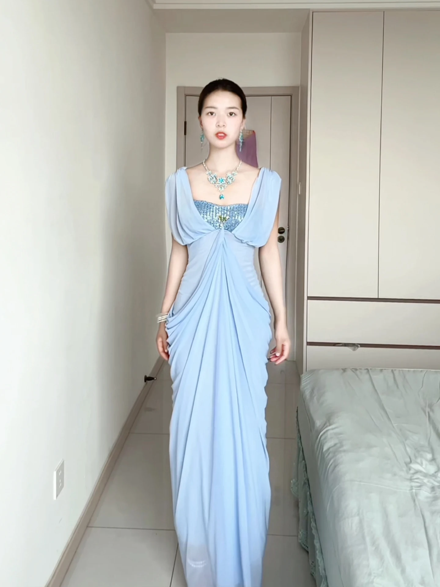 

Keni plus Size Sequin Mesh Paneling Women's Summer Dress Brightening Long Skirt Korean Style High Waist A-Line Commute Wind