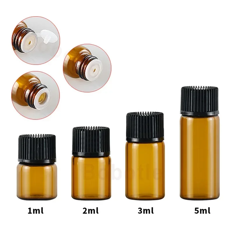 100/200PCS Mini Bottle Empty Glass Amber Essential Oil Bottle with Orifice Reducer Refillable  Vials Cosmetic Sample Test