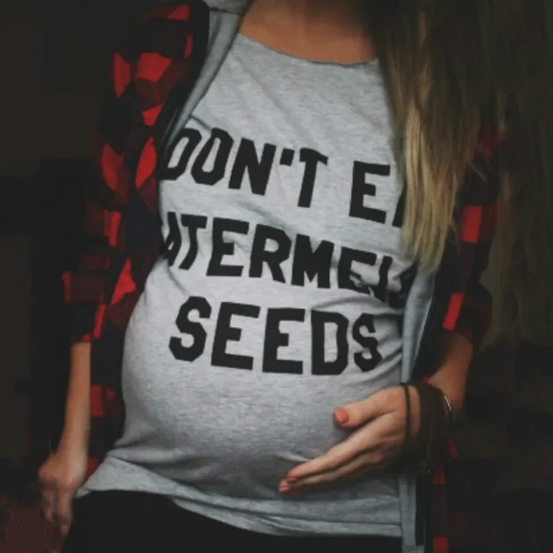 Letter Don't Eat Watermelon Seeds Print Maternity Clothing Top Tee Women Pregnancy Short Sleeve T Shirt for Pregnant Gray Tshirt