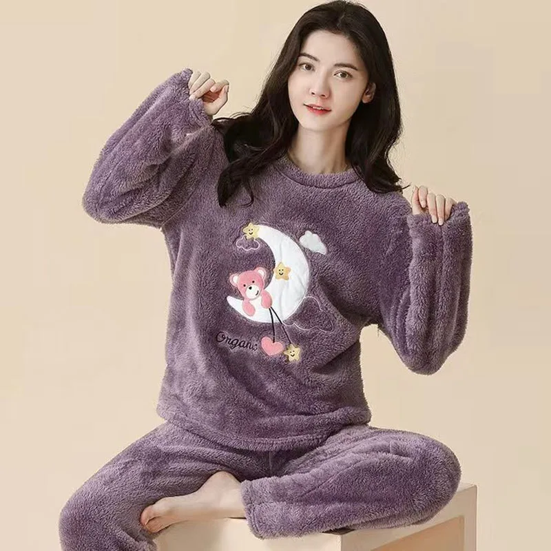 2PCS/Set Thickened Warm Fashion Autumn and Winter Pajamas Long-Sleeved Women Coral Velvet Cute Cartoon Grizzly Bear Comfortable