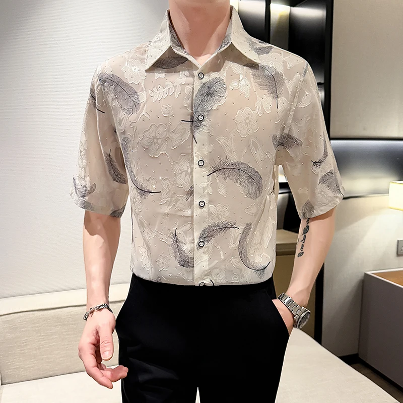 Sexy See Through Lace Shirts for Man Sequin Jacquard Embroidery Men Mesh Transparent Shirt Club Party Prom Camisas De Hombre