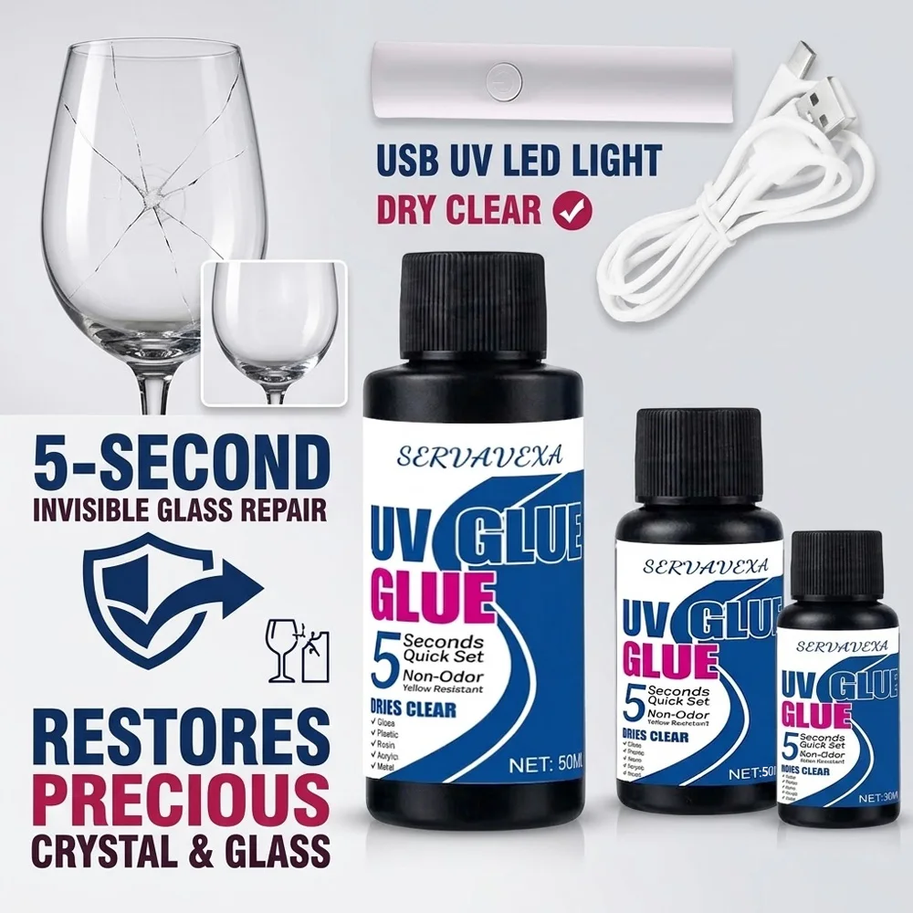 30/50/105ml UV Glue 5 Seconds Quick Set Resin Clear Adhesive with UV Light USB Kit for Jewelry Craft Glass Plastic Metal Bonding