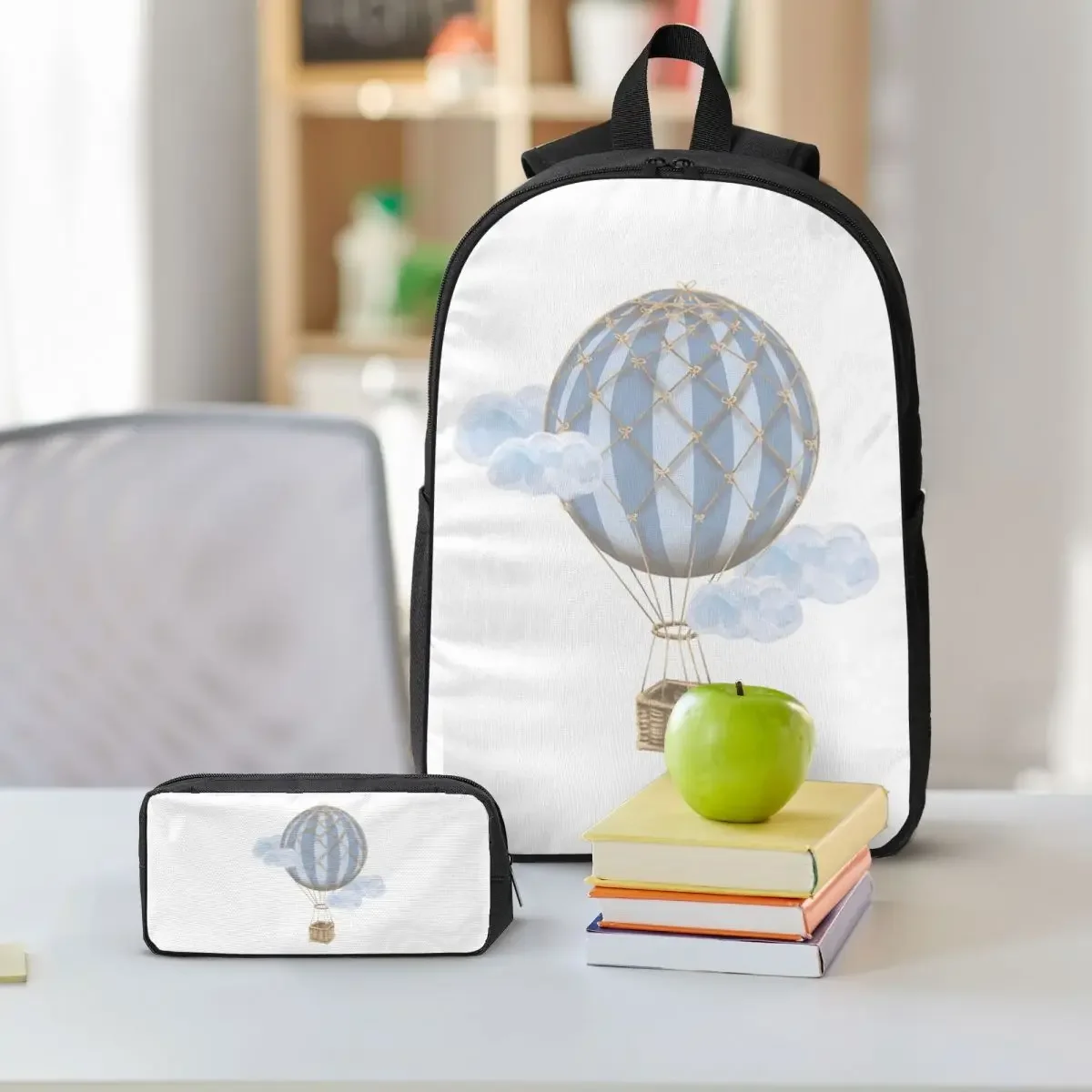 Blue Vintage Hot Air Balloon Backpack Boys Girls BookBag School Bag Computer Shoulder Bags 3ps Insulated Lunch Bag Pencil Case