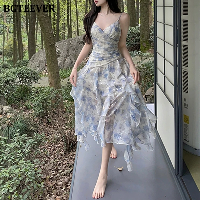 

BGTEEVER Elegant Slim V-neck Female Sleeveless Irregular Print Dress Summer Casual Women Spaghetti Strap Floral A-line Dress