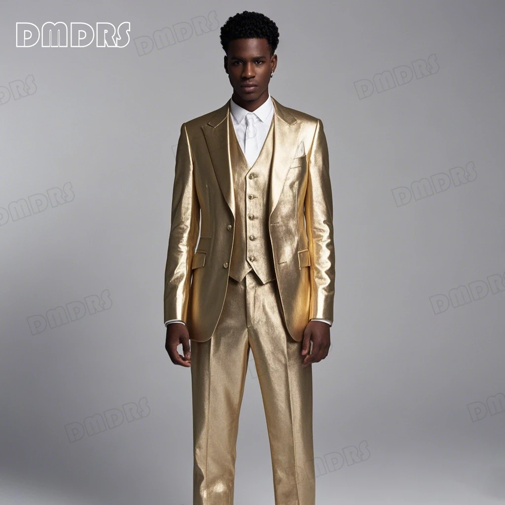 

High Quality Satin Suit Set for Men, Three Pieces Suits Blazer Vest Pants Costume Stage Performance Customized Tuxedo Sets