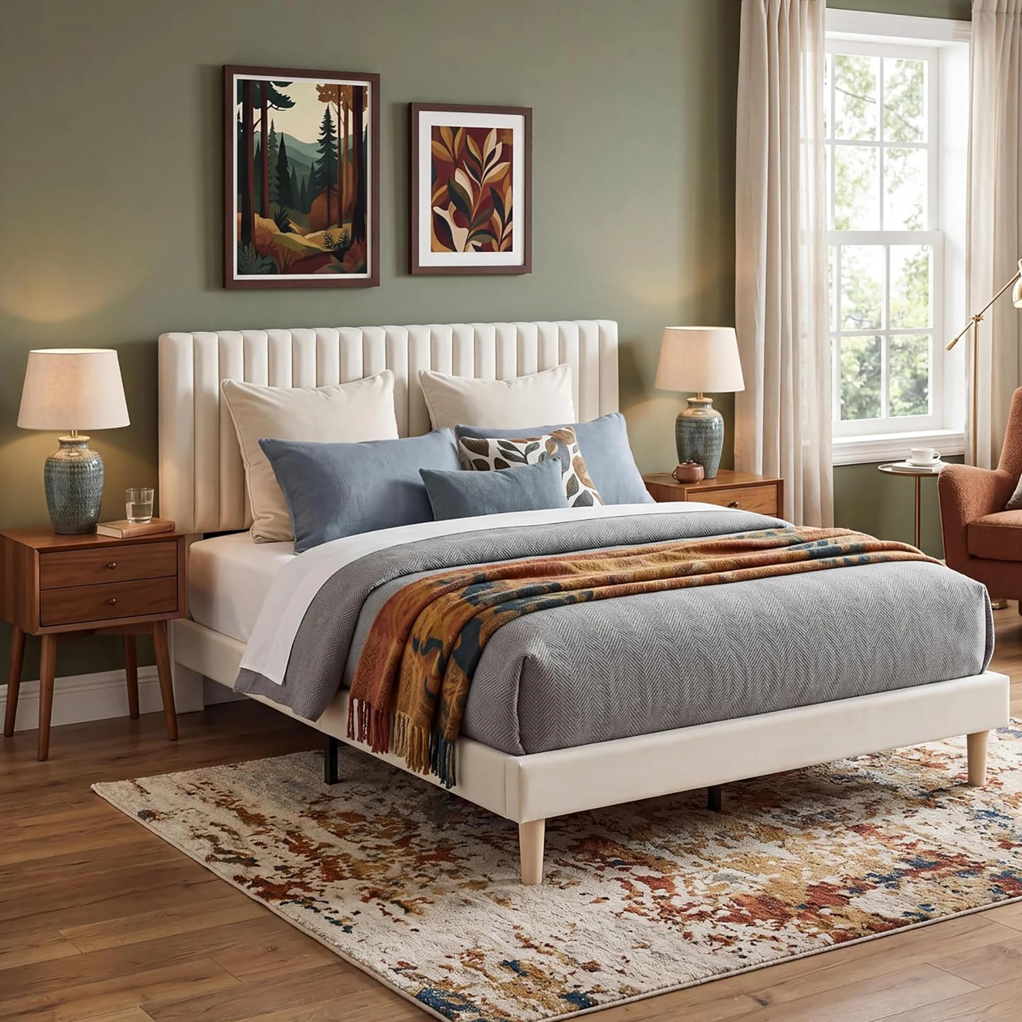 Twin Full Queen King Velvet Upholstered Bed Frame, Adjustable Channel Tufted Headboard, Wood Slats, 800lb Platform, No Box Spring view 8