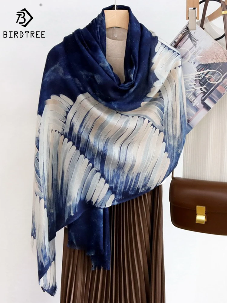 

Birdtree 100%Water-soluble Wool Scarf Print Handmade Edging Sequins Elegant Comfortable Soft Shawl Scarf 2024 Spring A3D924QD