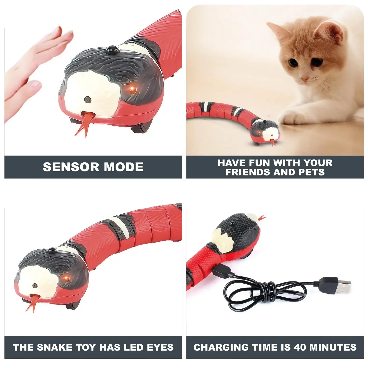 Smart Sensing Cat Toys Interactive Automatic Eletronic Snake Cat Teaser Indoor Play Kitten Toy USB Rechargeable for Cats Kitten