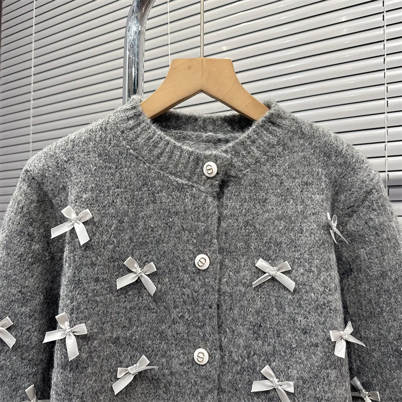 2024 Women Autumn Knitted Bowtie Design Cardigans Sweater Coat Single Button Long Sleeve Women Gray Sweater Tops Style Coat