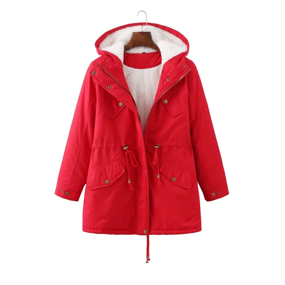 

For Ladies Origin China Women's Fleece Lined Hooded Cotton Jacket European Size Long Sleeve Casual Outerwear Coat