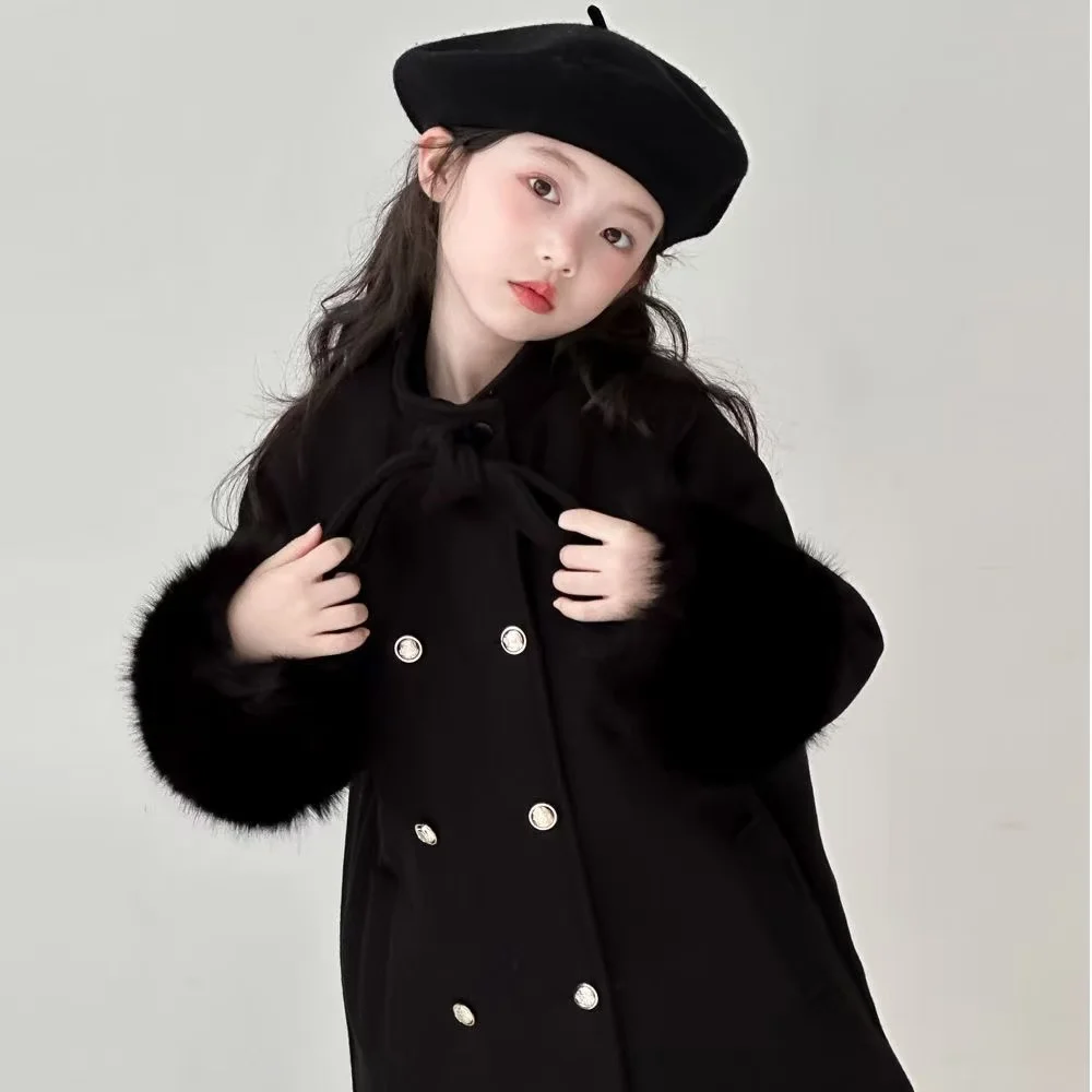 

2025 New Winter Bow Collar And Faux Fur Cuff Double-breasted Cotton Topcoat for Toddlers And Girls Kids Clothing