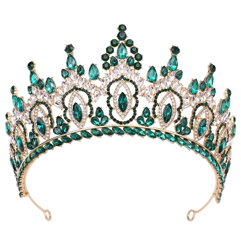 Vintage Green Rhinestone Queen Crown Tiara, Gold Plated Emerald Crystal Bridal Headpiece, Sparkling Pageant Crown