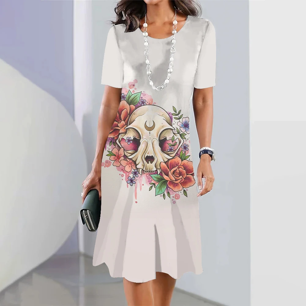 Mexican Day Of The Dead Skull Floral Print Round Neck Short Sleeve Dress Holiday Party Dinner Loose Short Sleeve Dress