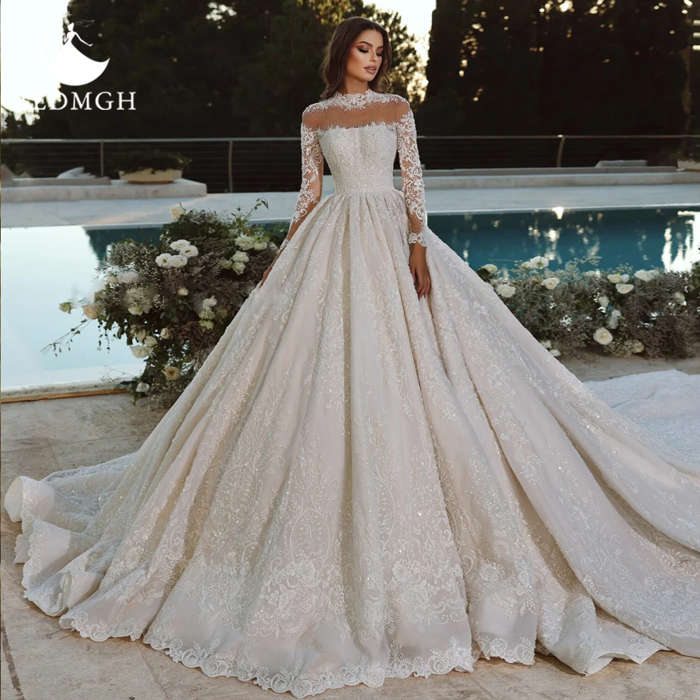 

Aedmgh Ball Gown Royal Wedding Dresses 2024 High Neck Long Sleeve Vestido De Novia Embroidery Shiny Chapel Train Robe De Mariee