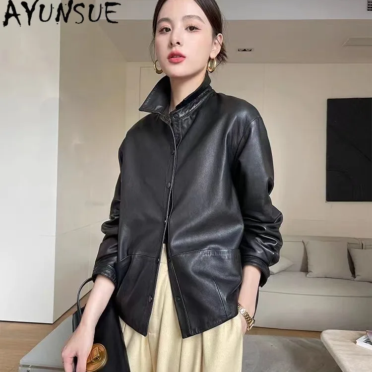AYUNSUE Real Leather Jacket Women 2026 Spring Autumn Clothes Loose Fit Fashion Sheepskin Coat for Woman Black Jaqueta De Couro