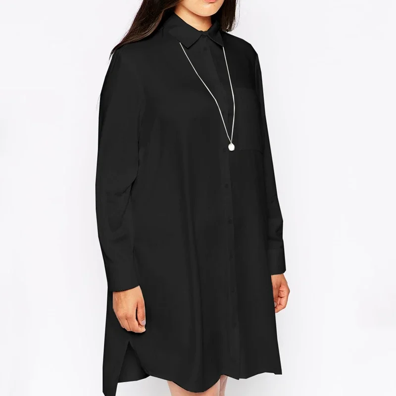 Camisa elegante con cuello vuelto para mujer, Blusa de manga larga negra lisa con botones divididos, vestido Formal de primavera y otoño, talla grande 6XL