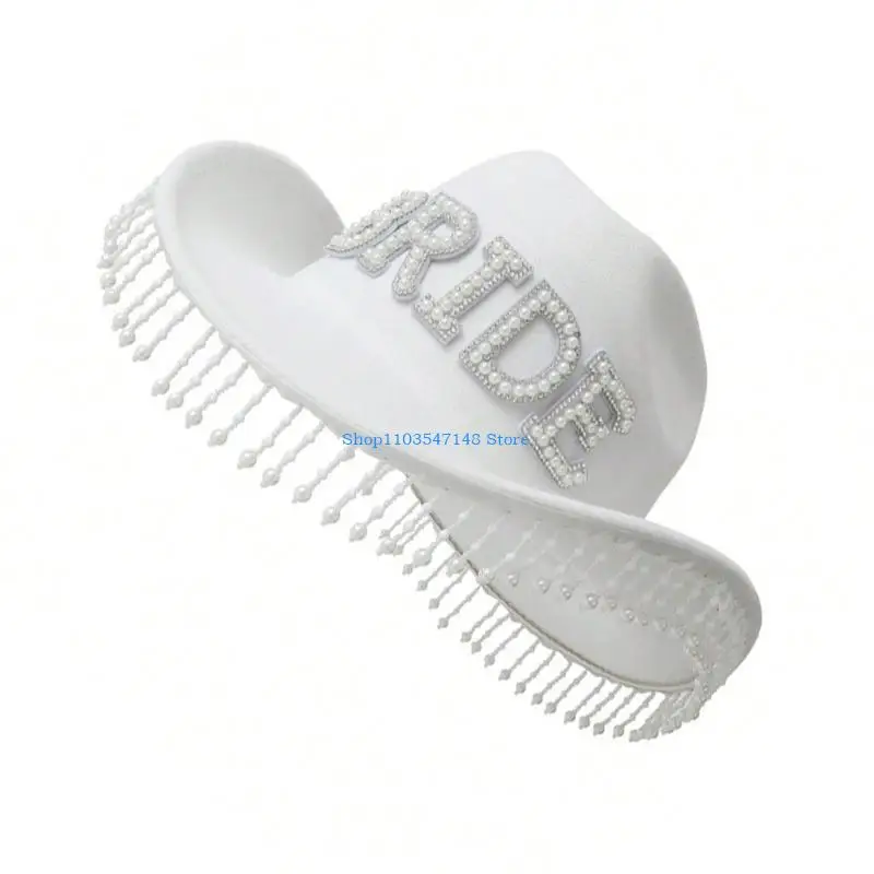 

P88B Roll Brims Cowboy Hat for Bride Bridesmaids Elegant Tassels Bead Cowgirl Hat Theme Party Costume Halloween Dress Up Hat