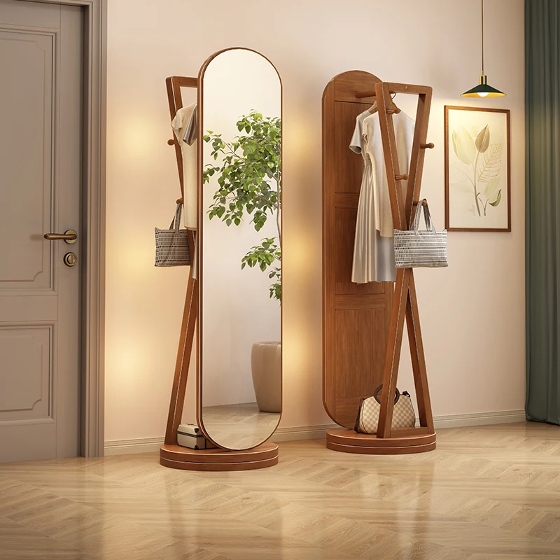 

Solid wood coat hanger with full body mirror that can rotate Simple modern coat hanger Floor to floor bedroom multifunctional