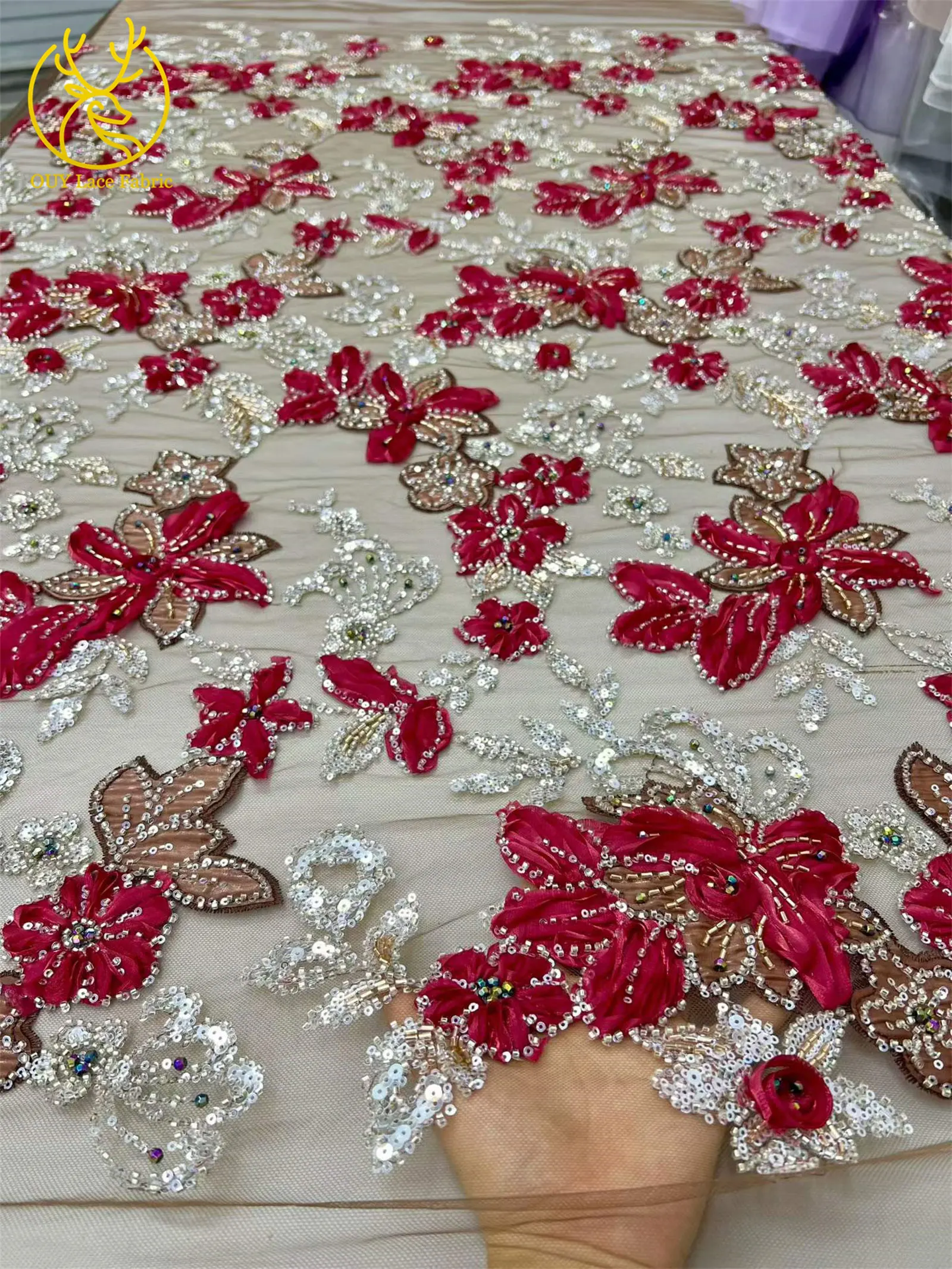 Eleganter 3D-Blumen-Spitzenstoff mit afrikanischen Perlen, französischer nigerianischer Pailletten-Mesh-Tüll-Spitzenstoff für Hochzeits- und Partykleider, Nähen, 5Y – Detail 5