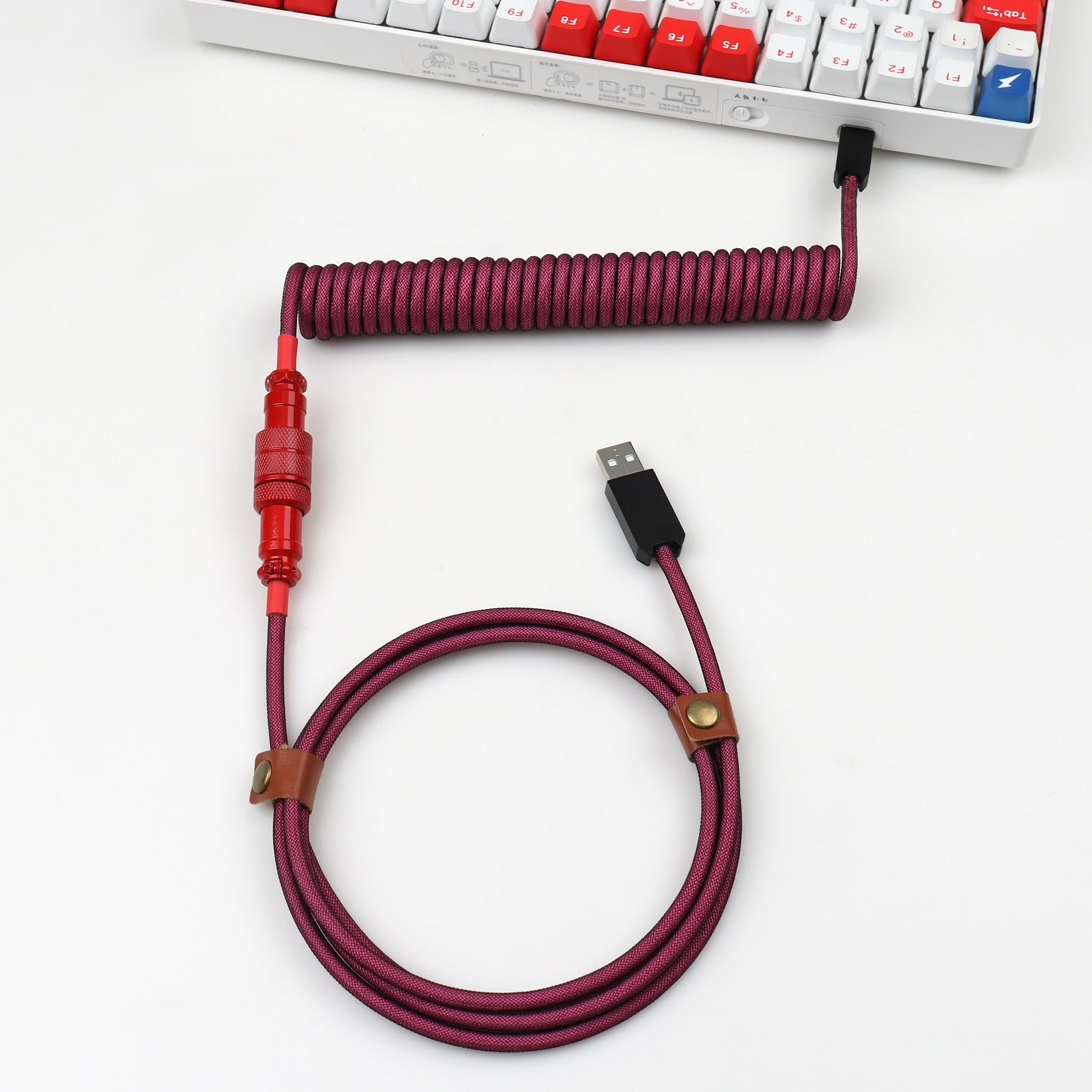 Hand Made Double Sleeved USB to Type-C Detachable Metal Aviator Coiled Cable Keyboard For Gaming Keyboard | Rose red Deep orange