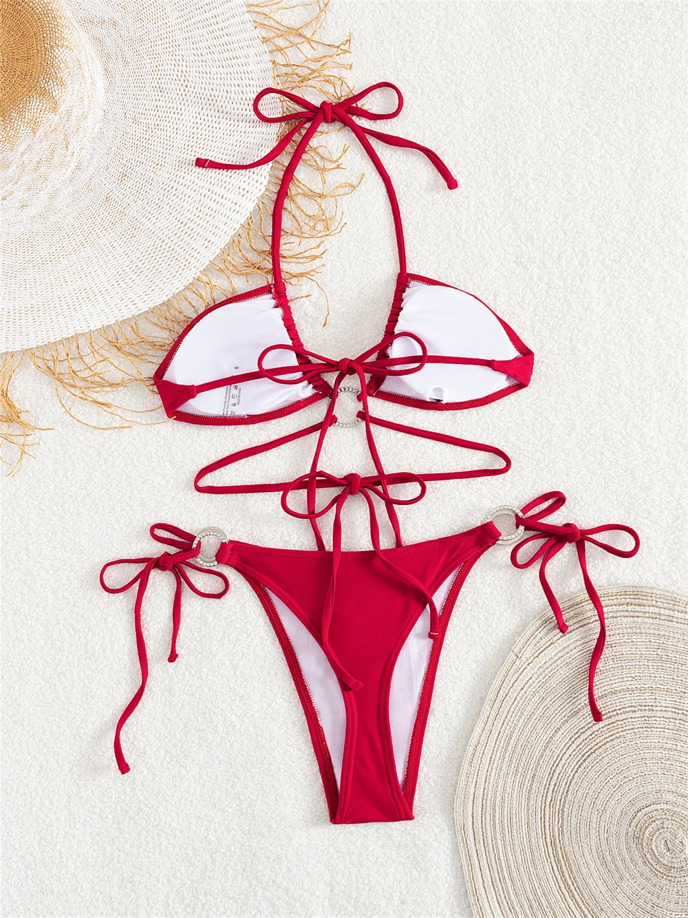 Sexy Rhinestone Rings Swimsuit Micro String Bikini Thong Women Triangle Halter Backless Vacation Swimwears Beach Outfits Bikinis